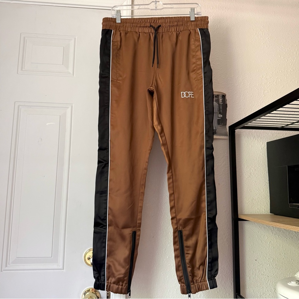 DOPE men’s brown black side athletic stripe satin‎ jogger cropped pull on pants